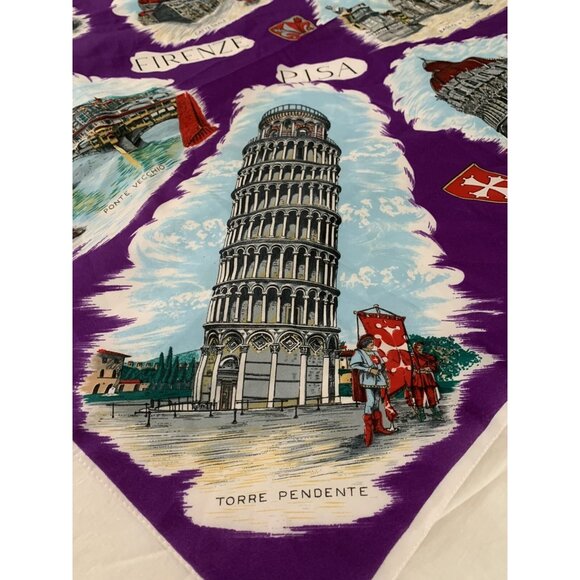 Vtg ITALY Bold Purple SOUVENIR SCARF Pisa Firenze FLORENCE Leaning Tower 29 x 30 - Picture 4 of 12